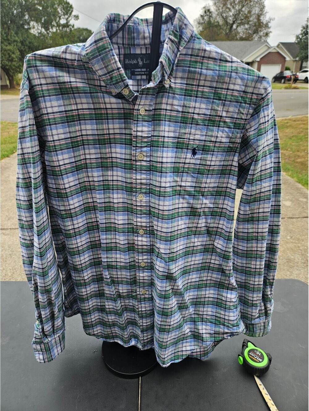 Ralph Lauren Custom Fit GREEN Navy Pink PLAID Button Front Shirt Men's Large